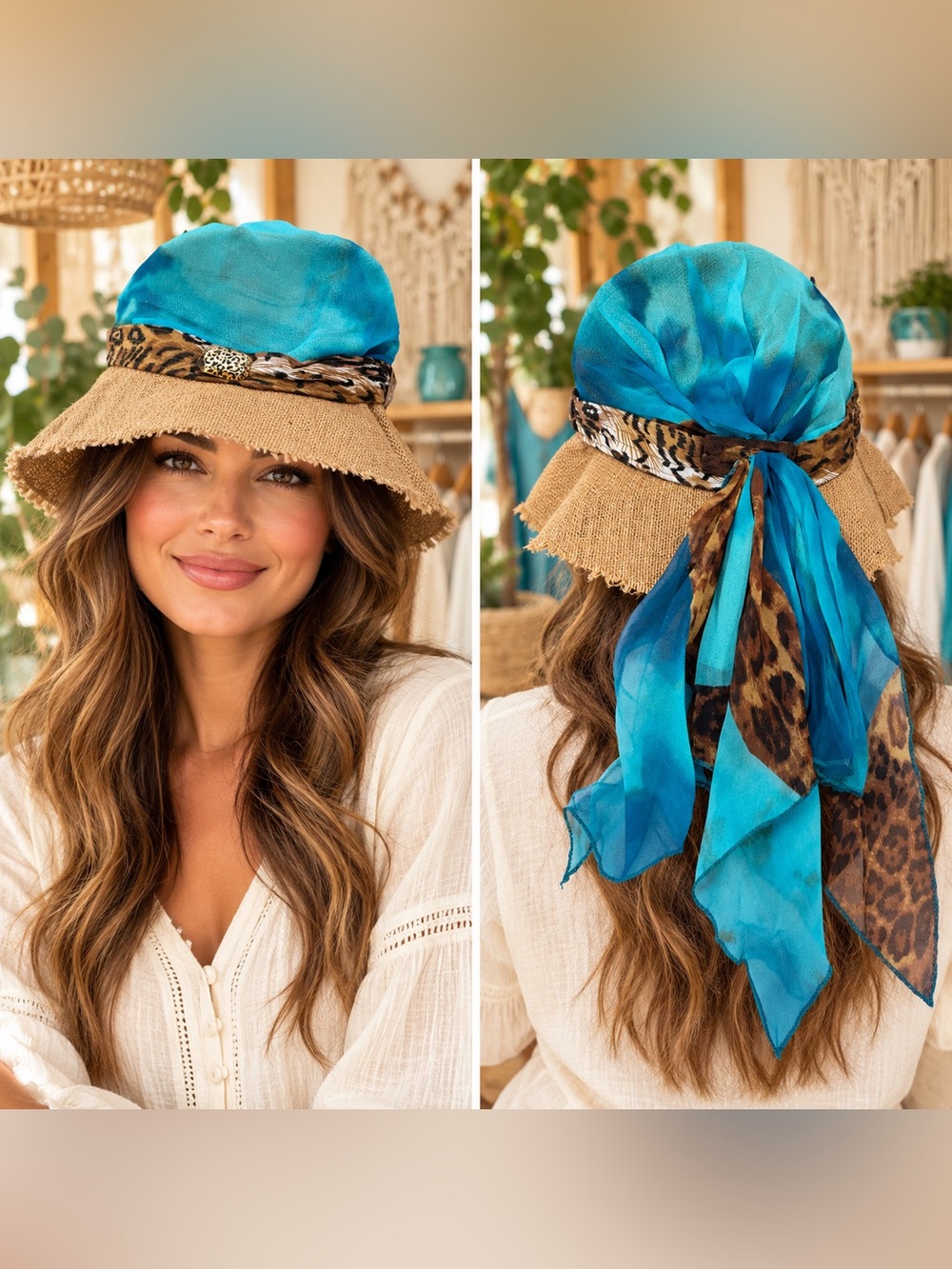 Dream Control Boho Frayed Edge Bucket Hat Turquoise Scarf Bucket Hat One Size